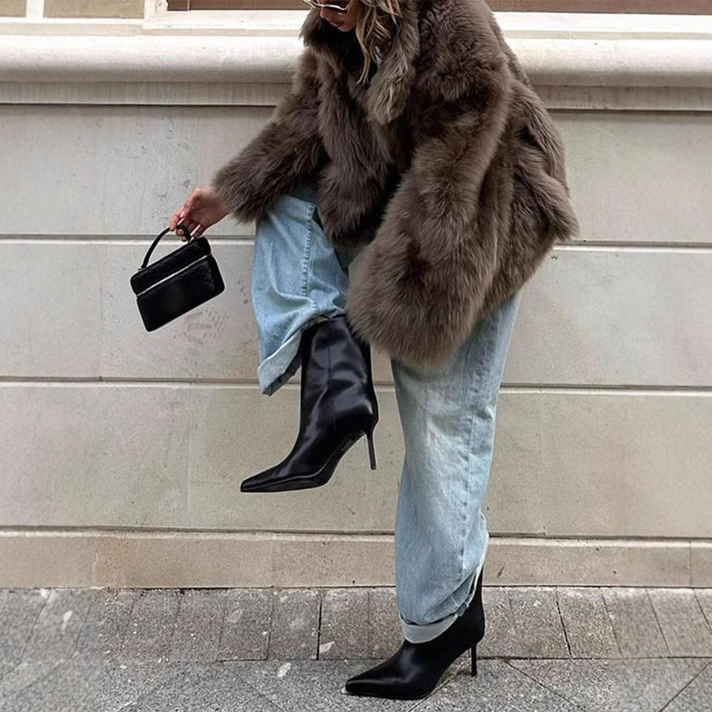 Damen Luxus Kunstfelljacke mit breitem Kragen Drune