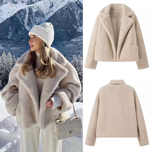 Damen Kuschelige Plüschjacke mit Reverskragen und Taschen Drune