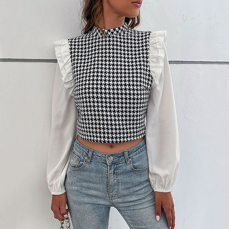 Damen Crop-Top mit voluminösen Ärmeln und modischem Karomuster Drune