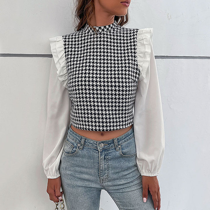Damen Crop-Top mit voluminösen Ärmeln und modischem Karomuster Drune