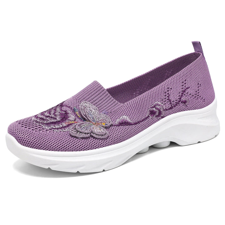 Damen nan gestrickte Slip-On Slipper mit Schmetterlings-Stickapplikation und dämpfender EVA-Plateausohle Drune