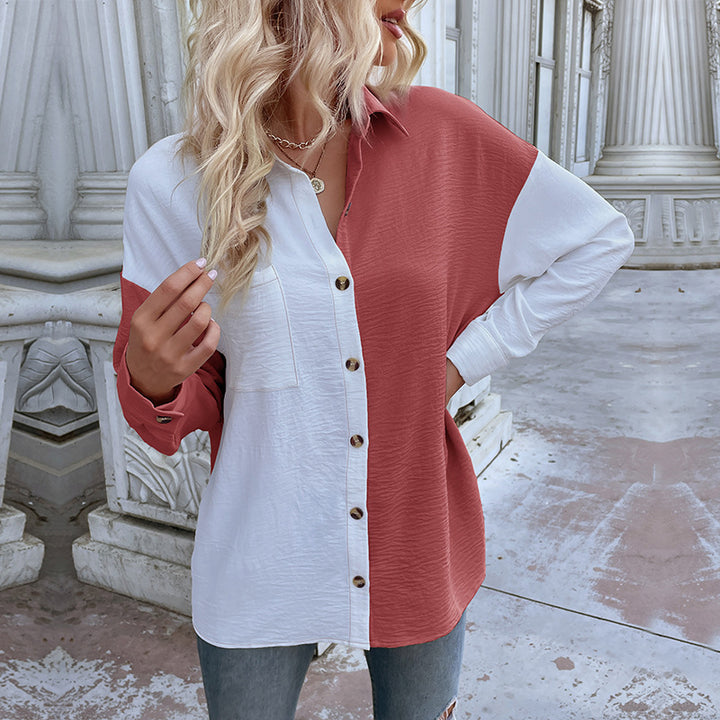 Damen oversized Blusenhemd mit zwei Farbdesigns und modischen Knopfdetails Drune