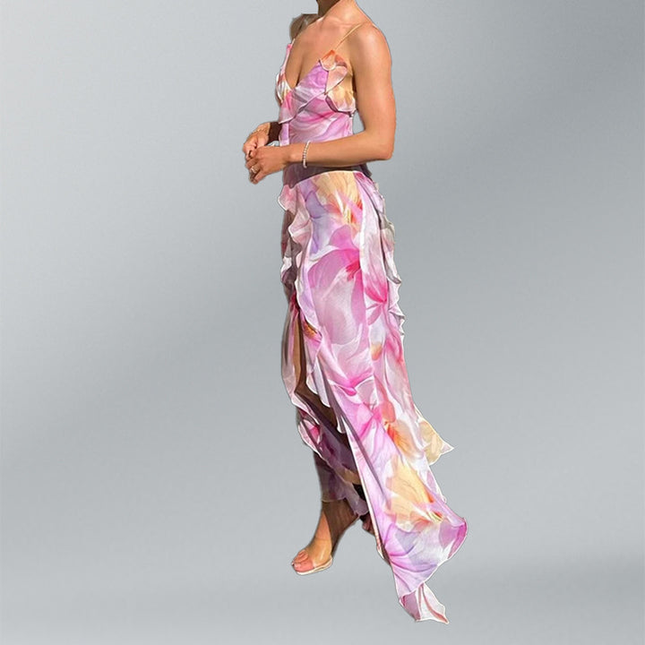 Damen Maxikleid mit floralen Rüschen und elegantem Schlitz Drune