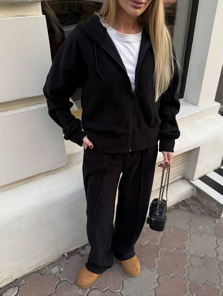 Damen Fleece Freizeitanzug mit stylischer Kapuze und elastischem Bund Drune