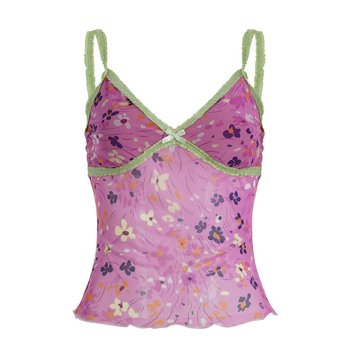 Damen gerafftes Spaghetti-Top mit floralem Muster und feinen Spitzenakzenten Drune