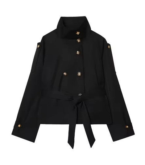 Damen nan kurztaillierte Trenchjacke mit hohem Stehkragen, doppeltreihiger Knopfleiste und taillierbarem Bindegürtel Drune