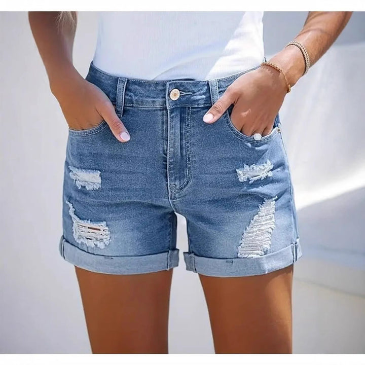 Damen kurze Destroyed Denim-Shorts im lässigen Look mit umgeschlagenen Säumen und stylischen Rissdetails Drune