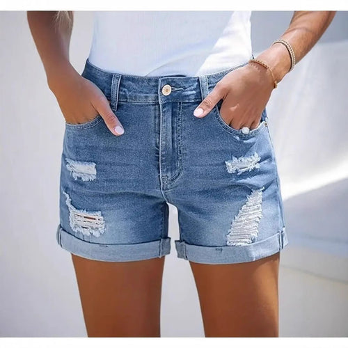Damen kurze Destroyed Denim-Shorts im lässigen Look mit umgeschlagenen Säumen und stylischen Rissdetails Drune