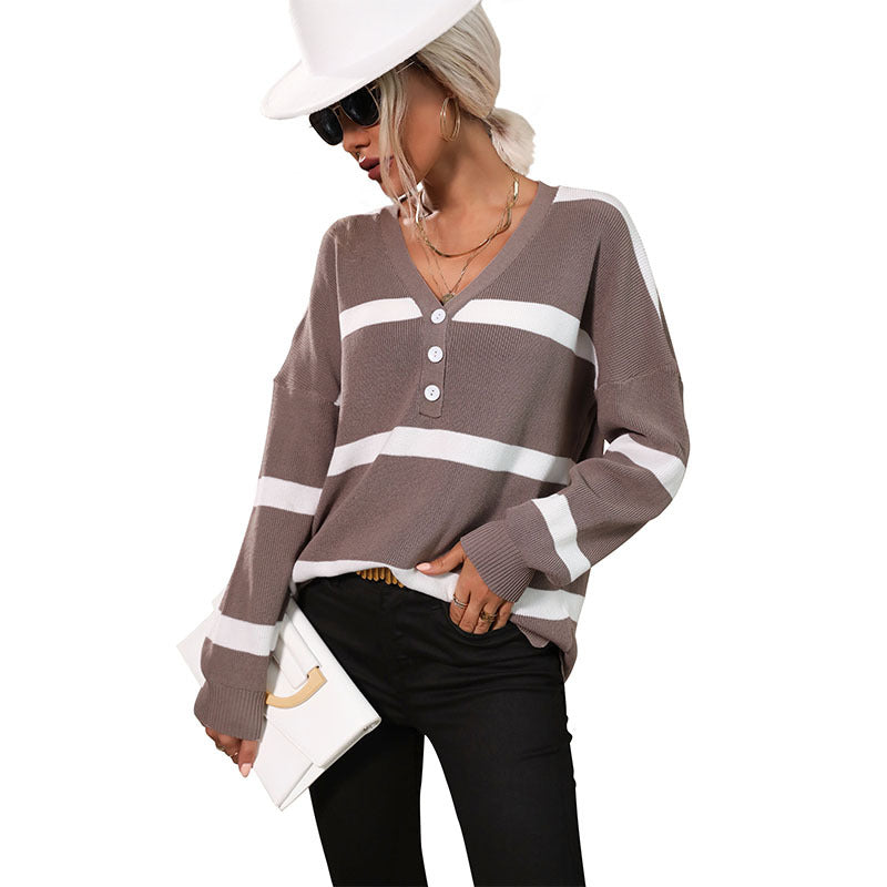 Damen gemütlicher Strickpullover mit modischem V-Ausschnitt und Knopfdetails Drune