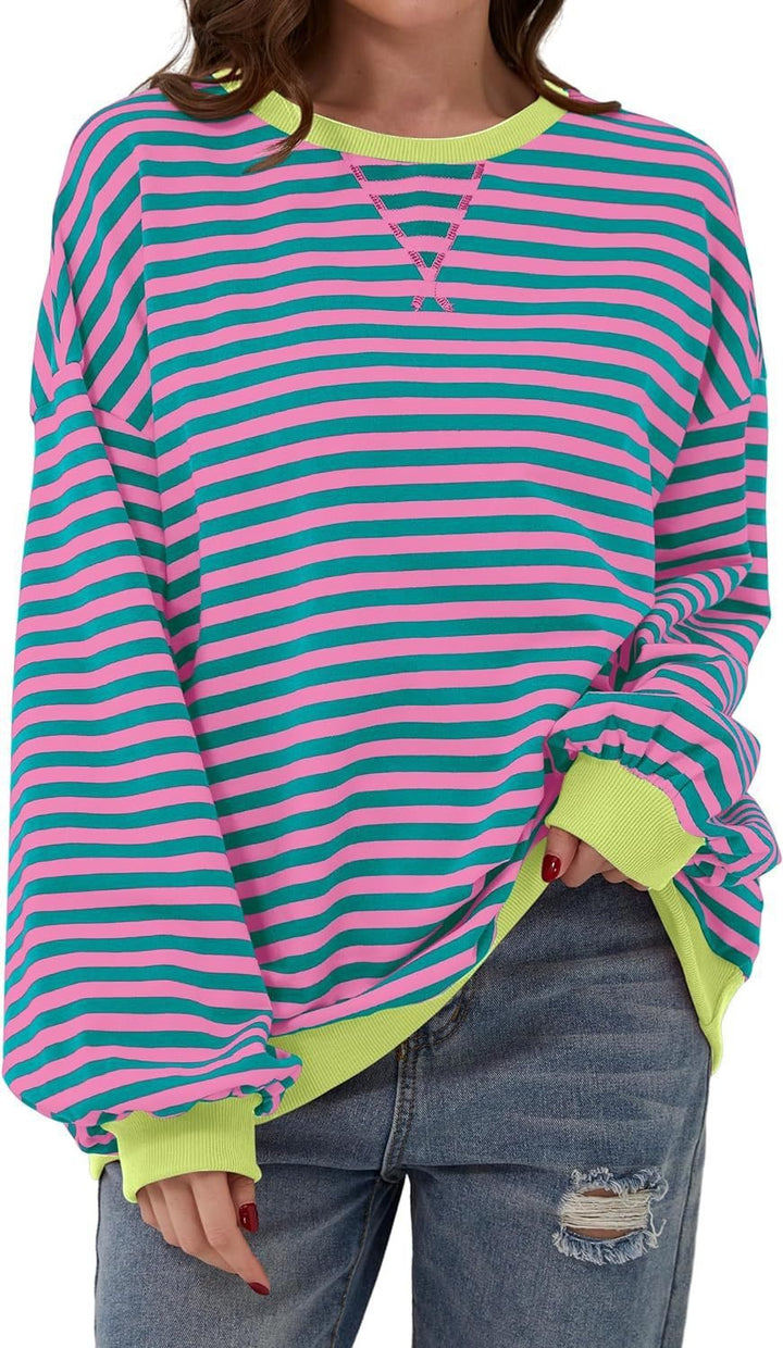 Damen lässiger Sweater mit auffälligem Streifenmuster und elastischen Bündchen Drune
