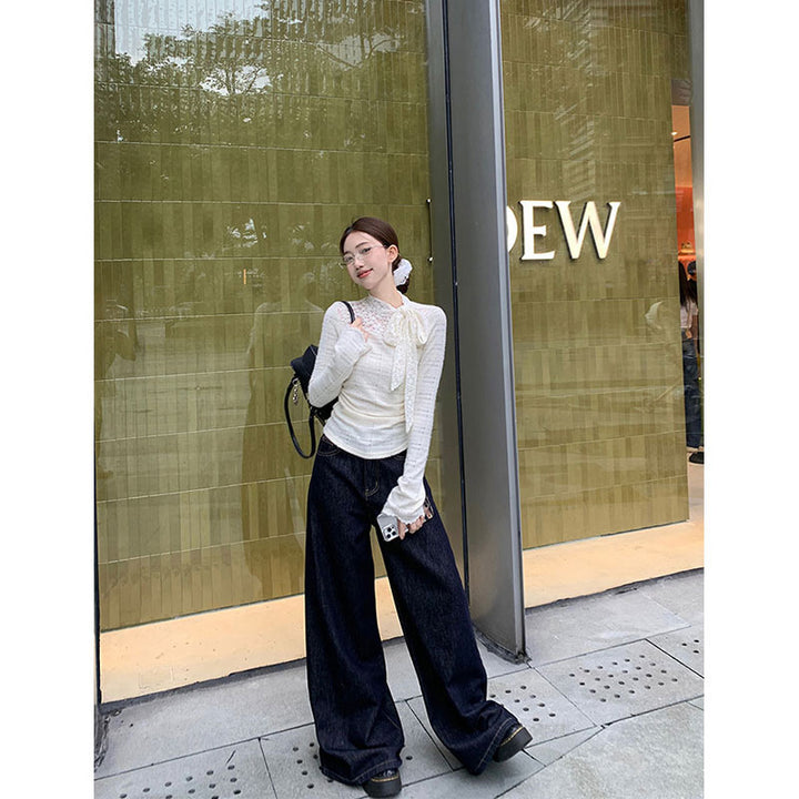 Damen elegantes Langarmoberteil mit Spitzen- und Schleifendetails Drune