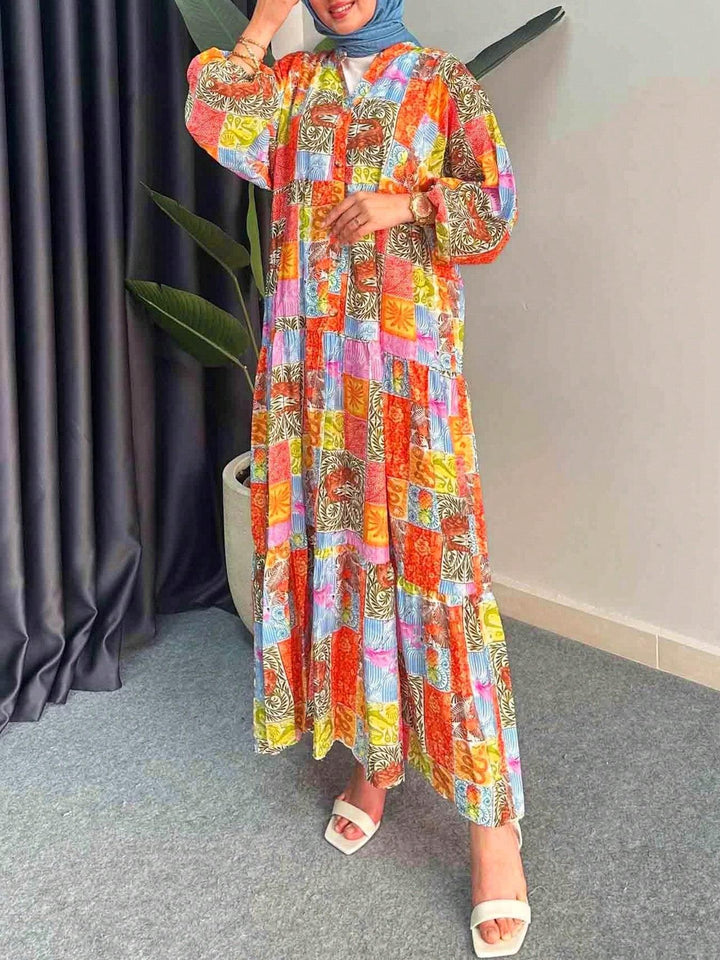Damen Maxikleid im Boho-Stil mit buntem Patchwork-Design und weiten Ärmeln Drune