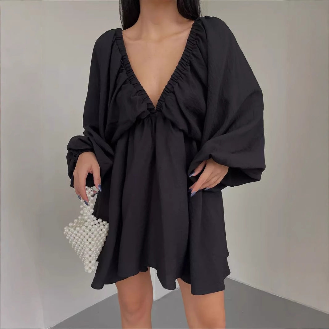 Damen lässiges Babydoll-Kleid mit schulterfreiem Ausschnitt und langen Puffärmeln Drune