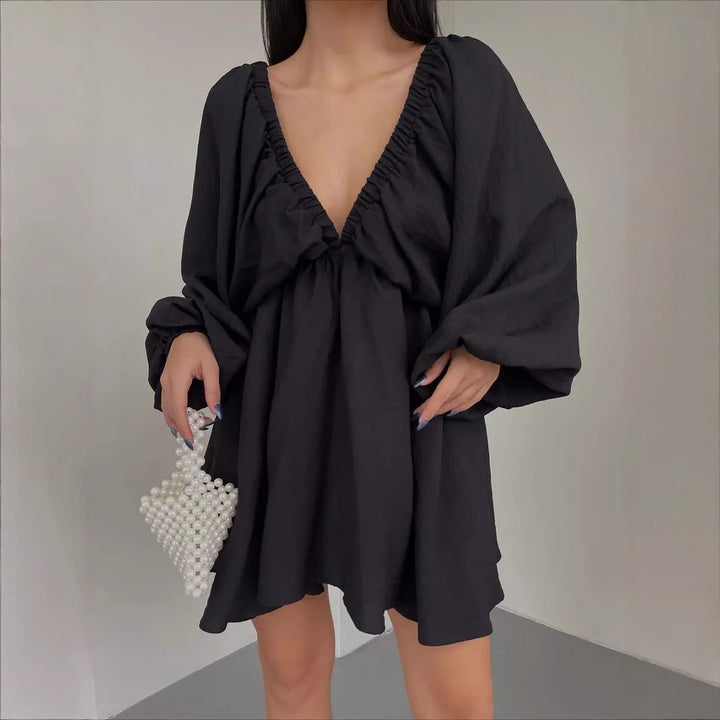 Damen lässiges Babydoll-Kleid mit schulterfreiem Ausschnitt und langen Puffärmeln Drune