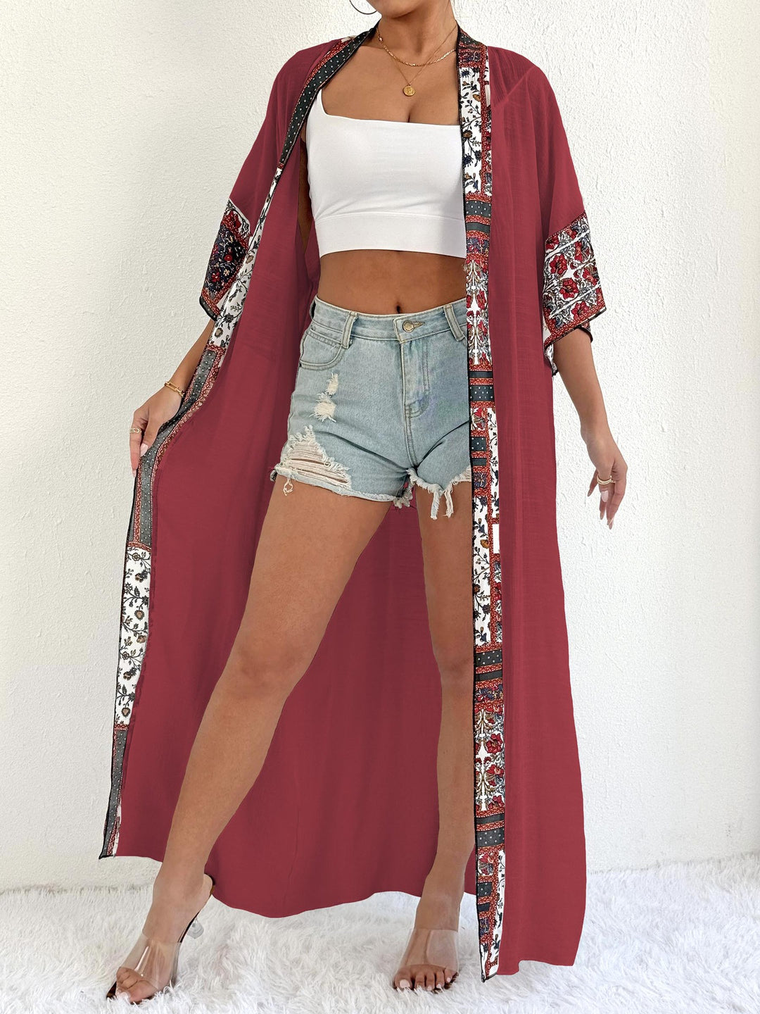 Damen eleganter, leichter Kaftan mit buntem Häkelbesatz Drune