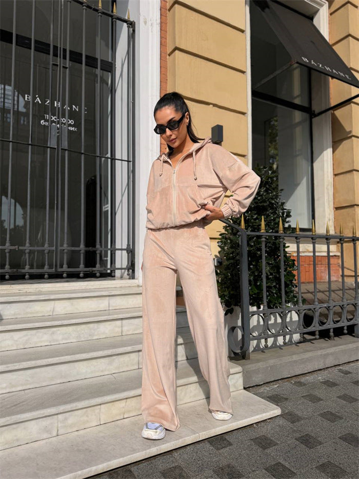 Damen Sportlicher Velours-Jogginganzug mit Kapuze und Komfort-Taille Drune