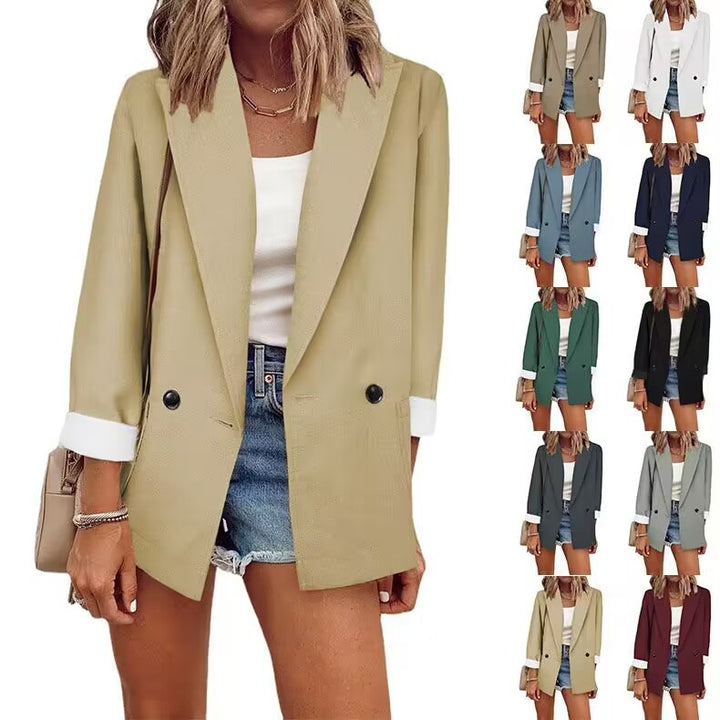 Damen eleganter Oversize-Blazer mit doppelter Knopfleiste und kontrastierenden Ärmeln Drune