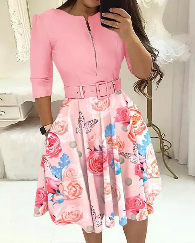 Damen Kleid im eleganten A-Linien-Stil mit Taillengürtel und floralem Druck Drune