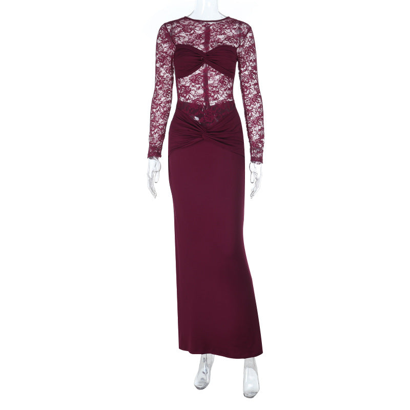 Damen Elegantes Langarm-Spitzenkleid mit tailliertem Design Drune