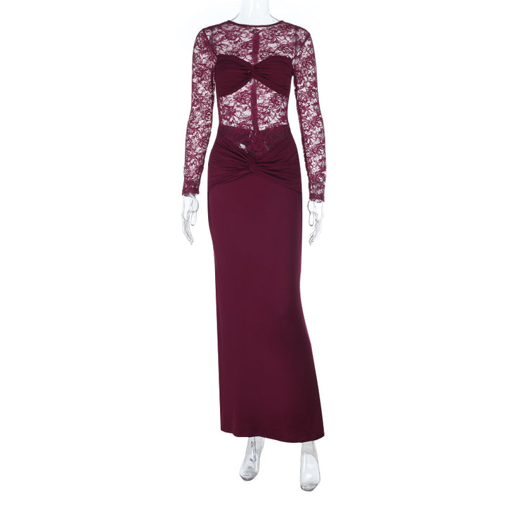 Damen Elegantes Langarm-Spitzenkleid mit tailliertem Design Drune