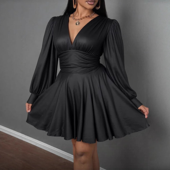 Damen elegantes Minikleid mit tiefem V-Ausschnitt und voluminösen Puffärmeln Drune