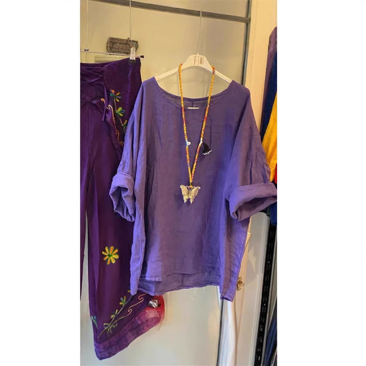 Damen Lockere Leinenbluse mit lässigem Schnitt und Rollärmeln Drune