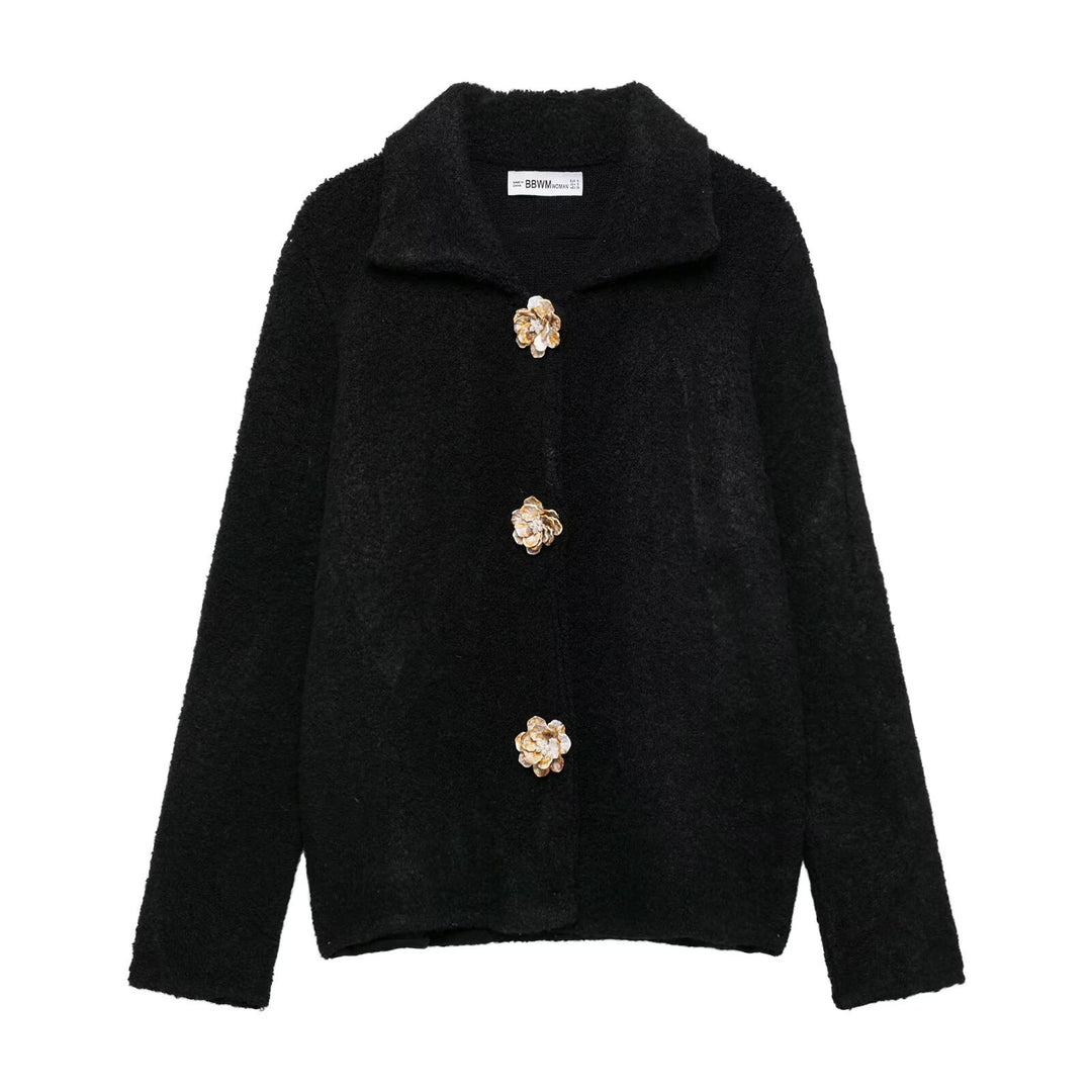 Damen Teddyjacke mit eleganten Blumenknopfdetails Drune