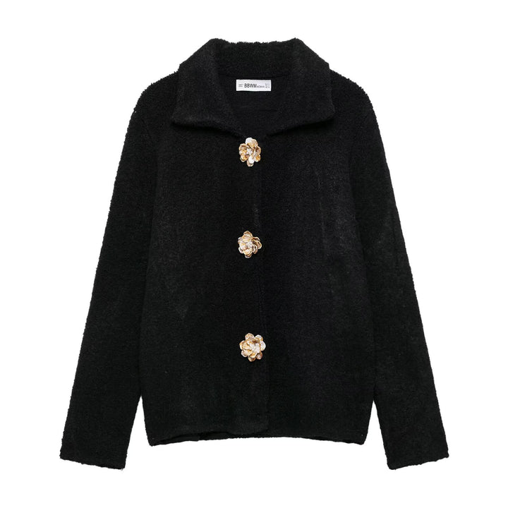 Damen Teddyjacke mit eleganten Blumenknopfdetails Drune