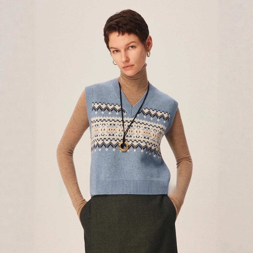 Damen modischer Strickpullover mit V-Ausschnitt und geometrischem Muster Drune