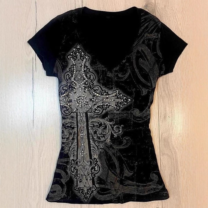 Damen T-Shirt mit aufwendigem Kreuz-Design und Strass-Akzenten Drune