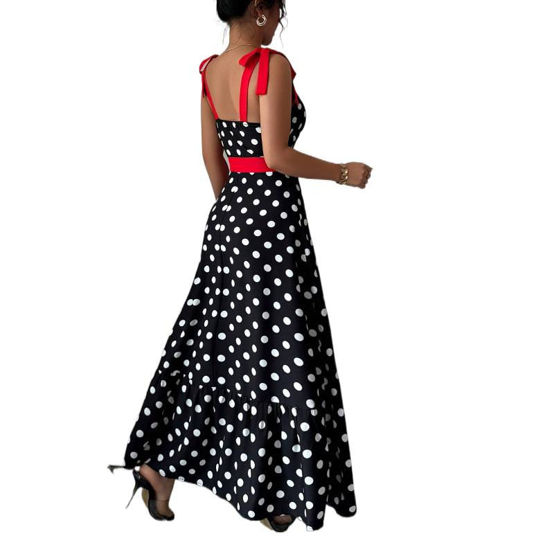 Damen Maxikleid mit verspieltem Polka-Dot-Muster und kontrastierendem Gürtel Drune