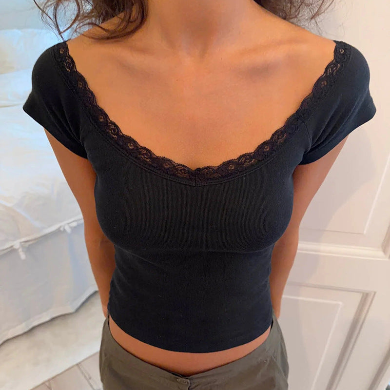Damen Crop-Top mit Spitzenrand und Schulterfreiem Design Drune