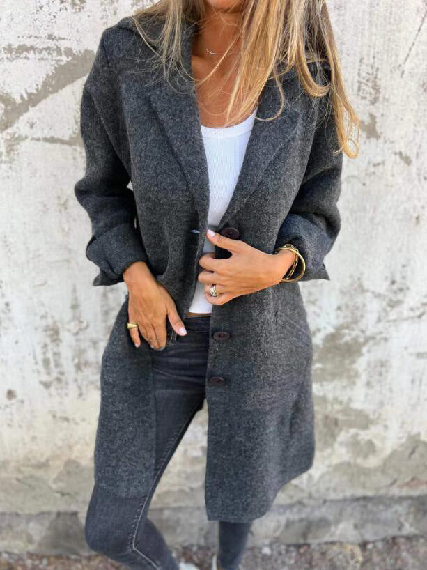 Damen nan Oversize Wollmix-Mantel mit Reverskragen aufgesetzten Taschen geknöpfter Front und umgeschlagenen Ärmeln Drune
