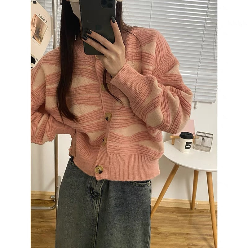 Damen lockerer Strickblazer mit grobem Muster und Knopfverschluss Drune
