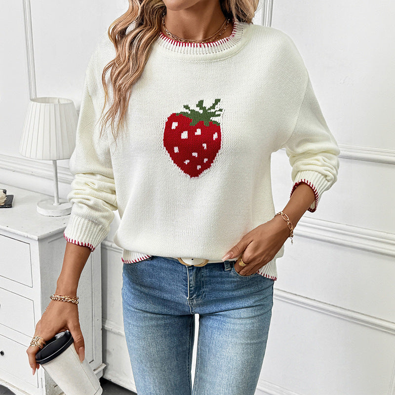 Damen Strickpullover mit fruchtigem Erdbeer-Motiv und lässigem Schnitt Drune