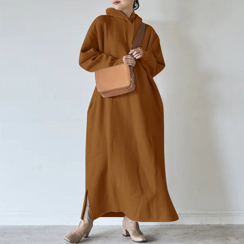 Damen nan Oversize Kapuzenmaxikleid mit geradem Schnitt und Seitenschlitz Drune