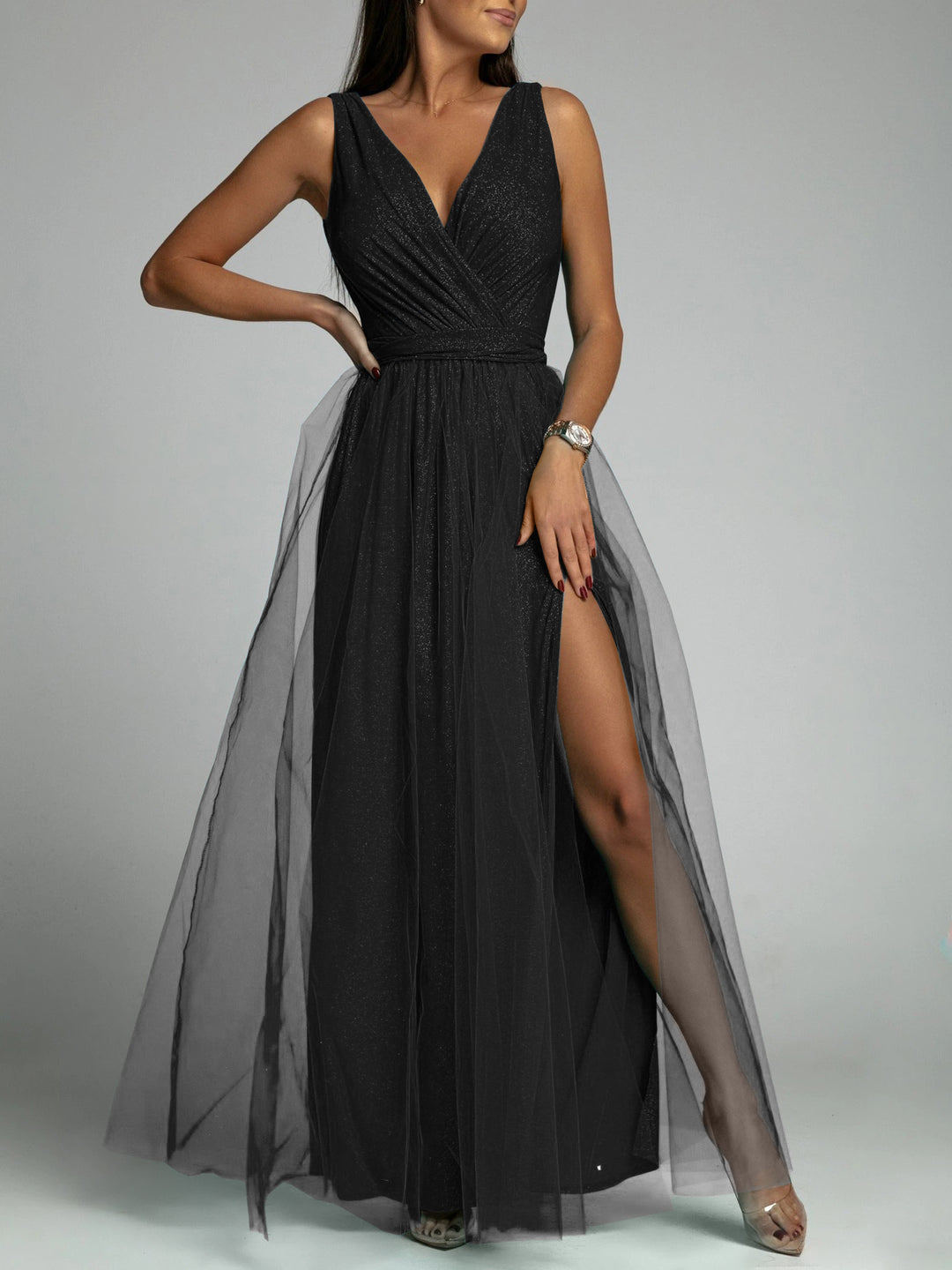 Damen Maxiabendkleid mit verführerischem Schlitz und funkelndem Obermaterial Drune