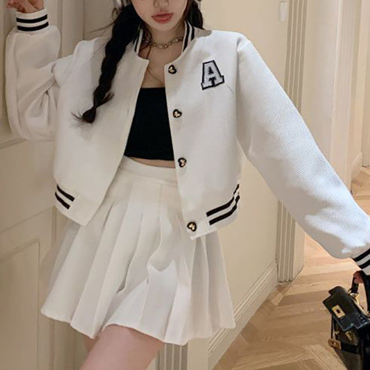 Damen Collegejacke mit gesticktem Emblem und kontrastierenden Aufnähern Drune
