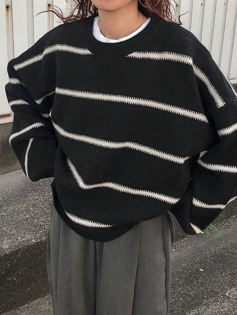 Damen Modischer Oversized-Pullover mit Streifenmuster und weitem Schnitt Drune