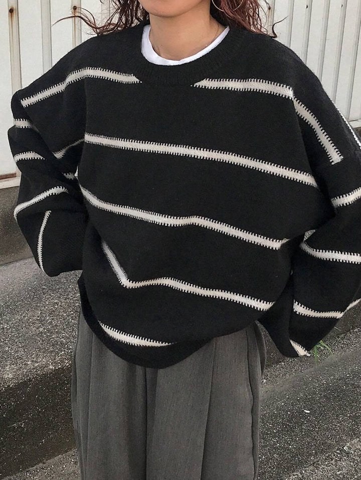 Damen Modischer Oversized-Pullover mit Streifenmuster und weitem Schnitt Drune