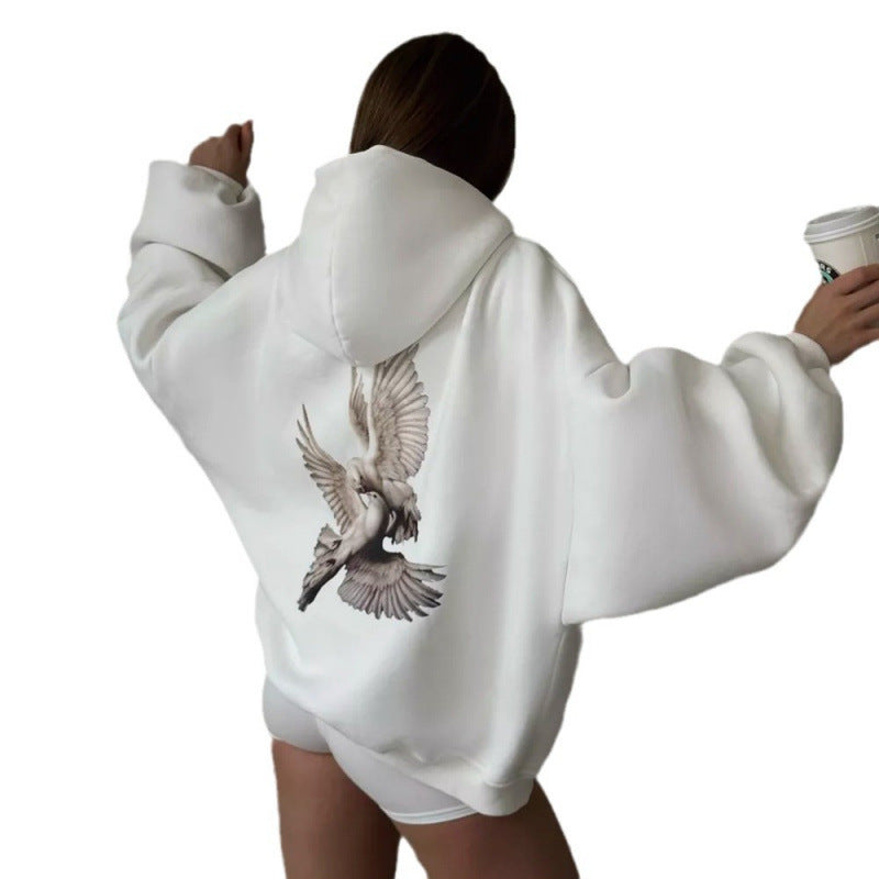Damen Kapuzensweater mit kunstvollem Vogelmotiv und entspannter Passform Drune