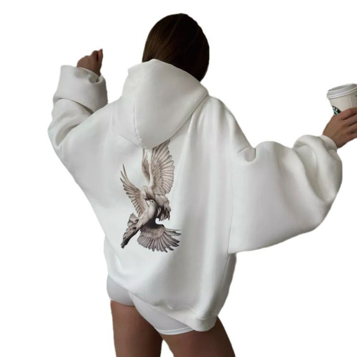 Damen Kapuzensweater mit kunstvollem Vogelmotiv und entspannter Passform Drune