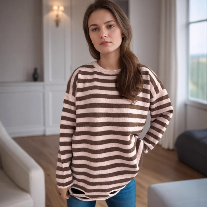Damen gestrickter Oversized-Pullover mit lässigem Streifenmuster Drune