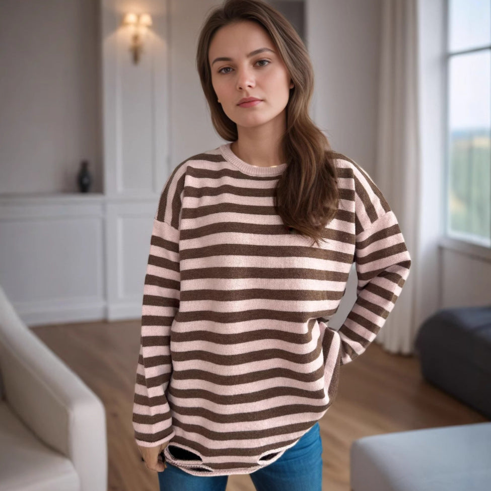 Damen lässiger Oversize-Pullover mit breiten Streifen Drune