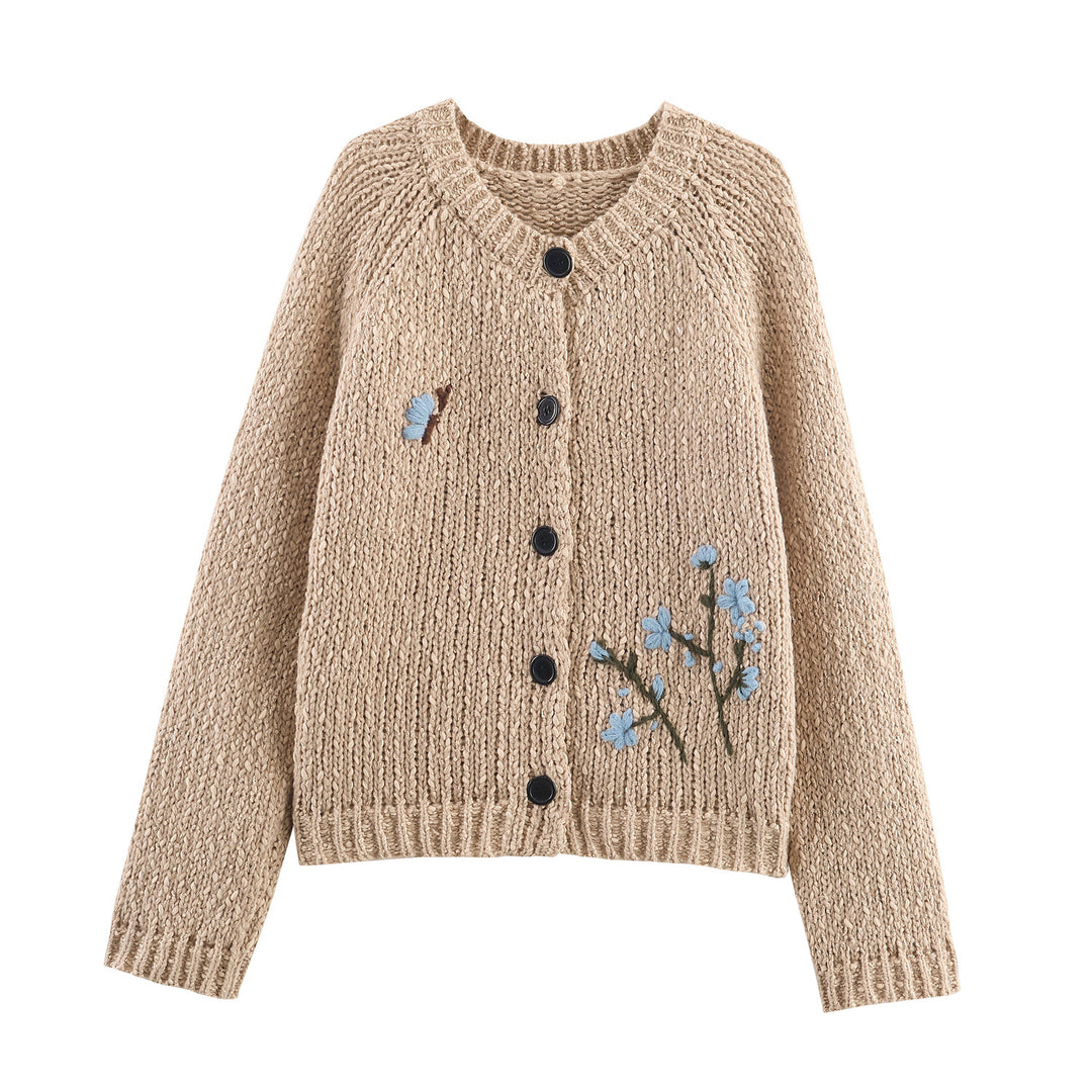 Damen Strickjacke mit floralem Stickmuster und Knopfverschluss Drune