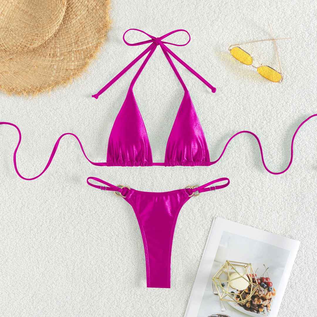 Damen Triangel-Bikini mit eleganten Bindebändern und modischen Goldakzenten Drune