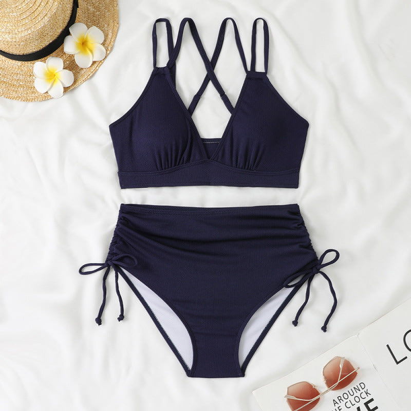 Damen schickes High-Waist-Bikini-Set mit verstellbaren Trägern und Raffung Drune