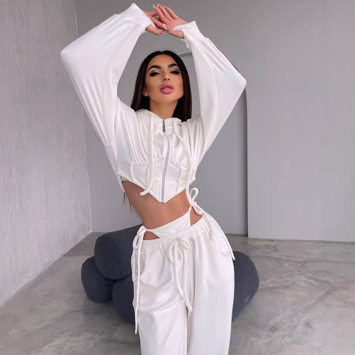 Damen Sportliches Velours-Cropped-Set mit Reißverschluss und Taillenschnitt Drune