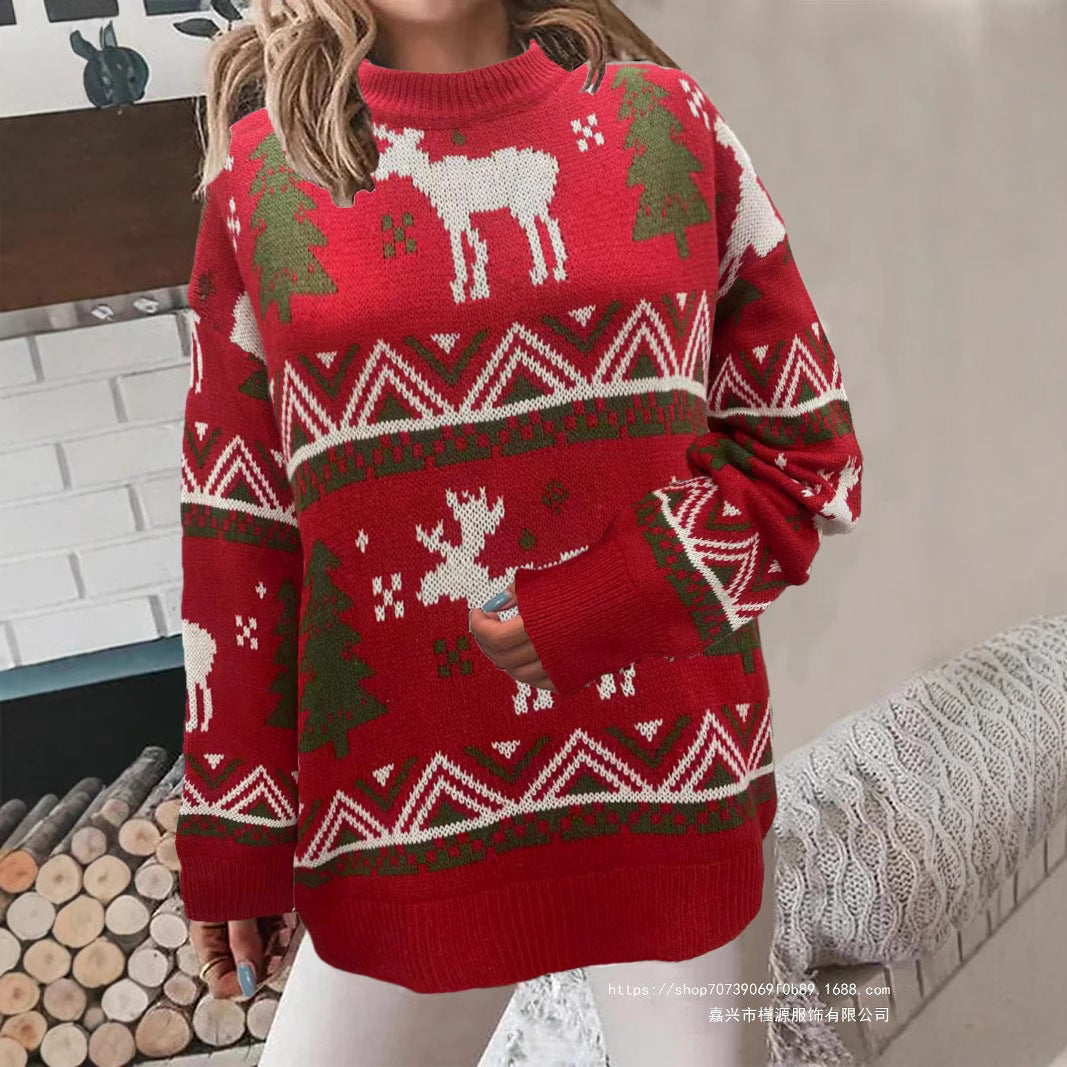 Damen Gemütlicher Weihnachts-Pullover mit festlichem Motiv und hoher Passform Drune