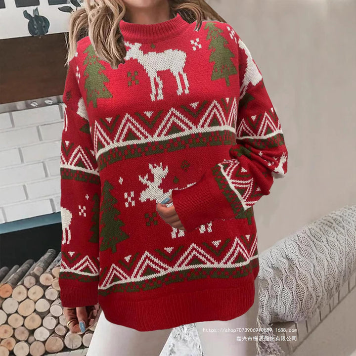 Damen Gemütlicher Weihnachts-Pullover mit festlichem Motiv und hoher Passform Drune